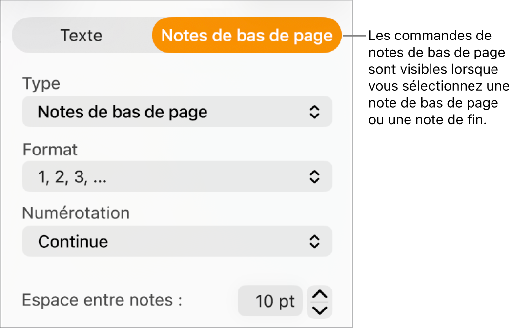 Sous-fenêtre des notes de pied de page affichant les menus locaux Type, Format, Numérotation et Espace entre notes.