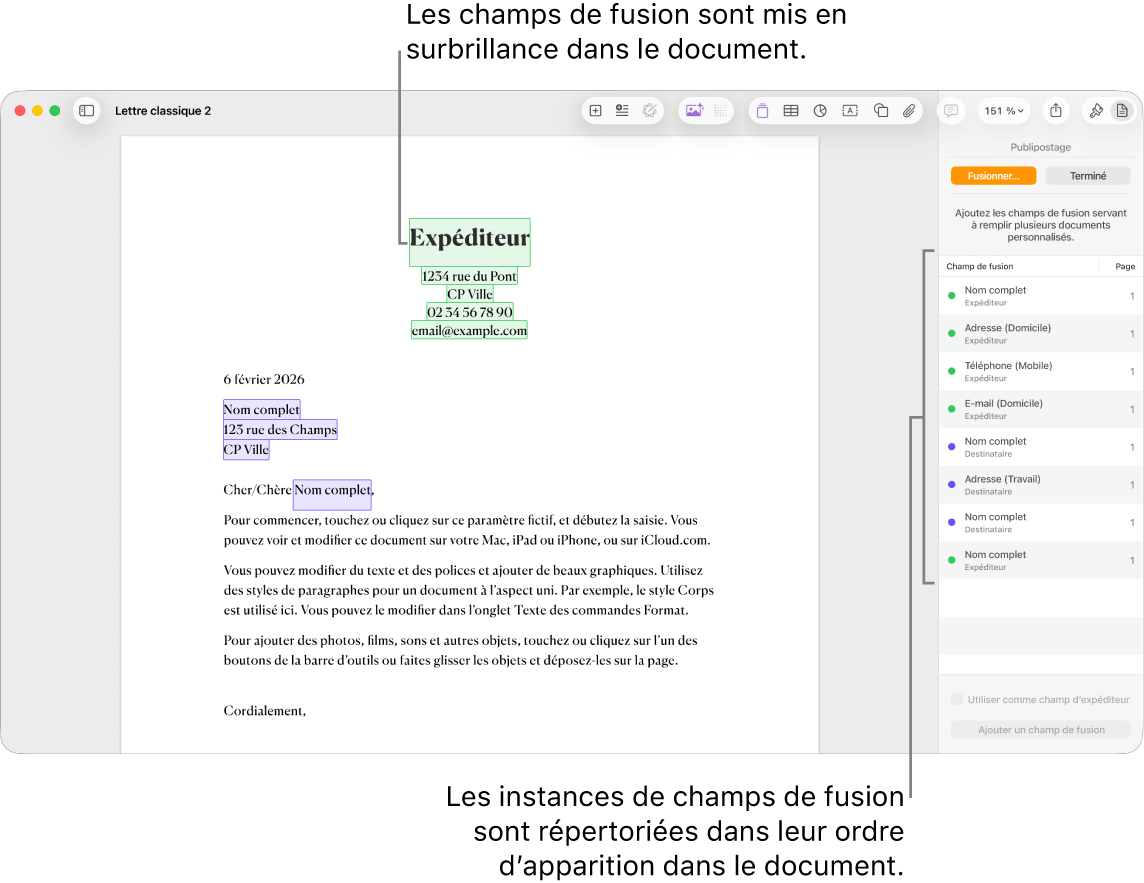 Document Pages avec des champs de fusion de destinataire et d’expéditeur, ainsi que la liste des instances de champs de fusion visible dans la barre latérale Document.