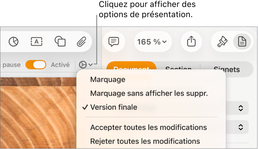 Le menu des options de révision, avec les options Marquage, Marquage sans afficher les suppr. et Version finale.