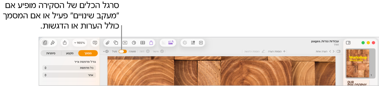 סרגל הכלים של Pages עם מעקב אחר שינויים מופעל וסרגל הכלים של סקירה מתחת לסרגל הכלים של Pages.