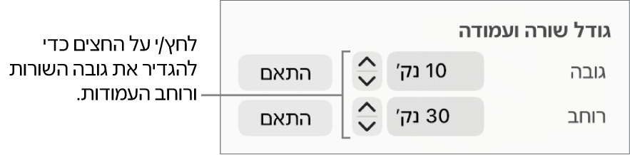 כלי הבקרה לקביעת גודל מדויק עבור שורות ועמודות.