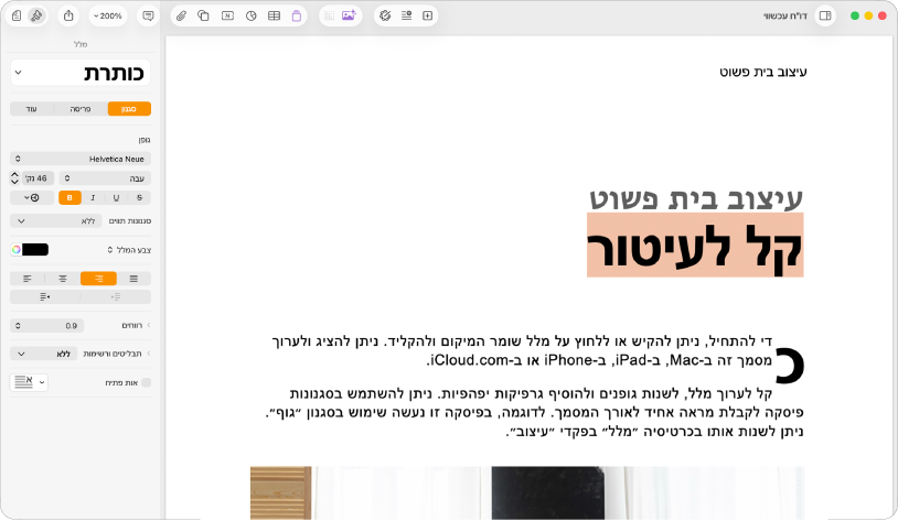 סרגל הצד ״עיצוב״ פתוח במסמך שבו הכרטיסיה ״מלל״ נבחרה.