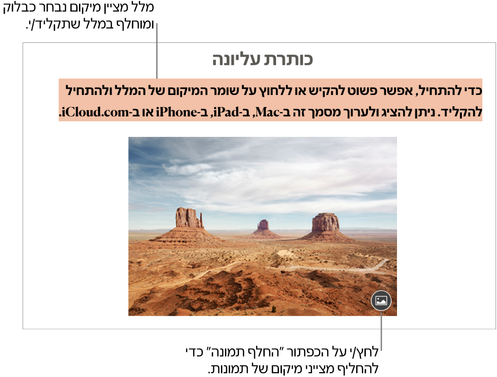 מצייני מיקום עבור מלל ותמונות.