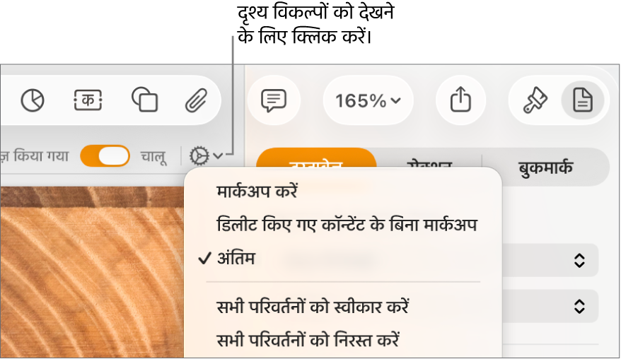 समीक्षा विकल्प मेनू द्वारा मार्कअप, बिना हटाए मार्कअप और अंतिम दिखाया जा रहा है।