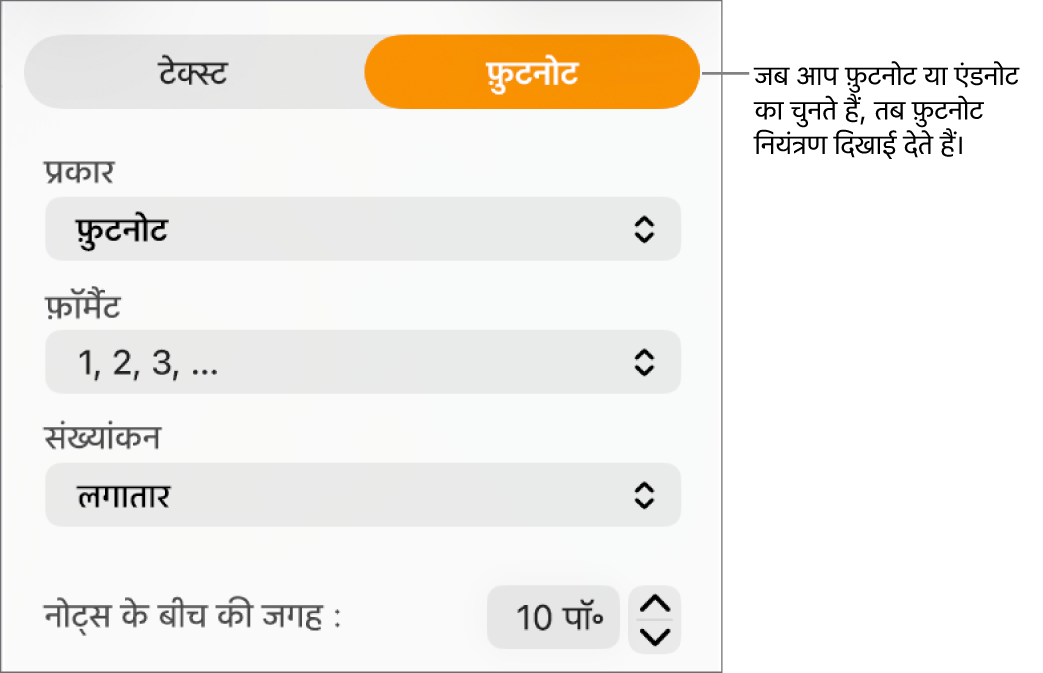 प्रकार, फ़ॉर्मैट, संख्यांकन और नोट्स के बीच की जगह के लिए पॉपअप मेनू दिखाती “फ़ुटनोट” पैन।