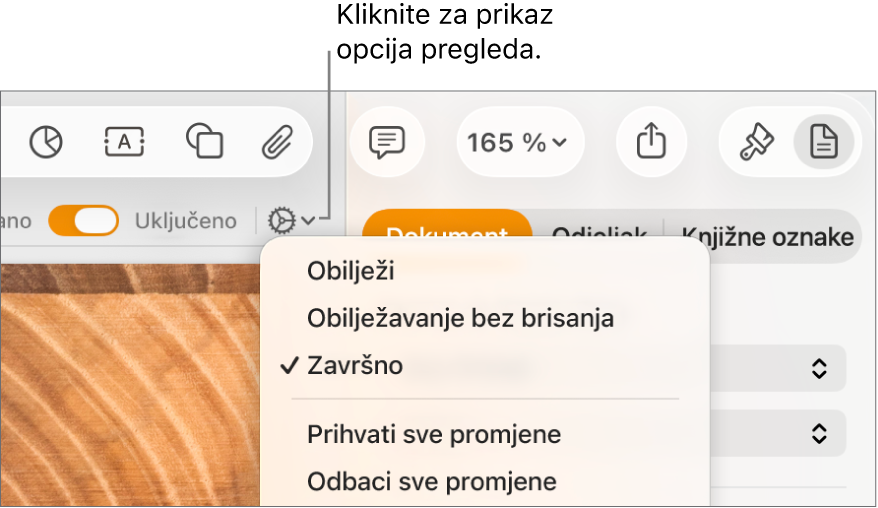 Izbornik za opcije pregledavanja prikazuju Obilježja, Obilježja bez brisanja i Konačno.
