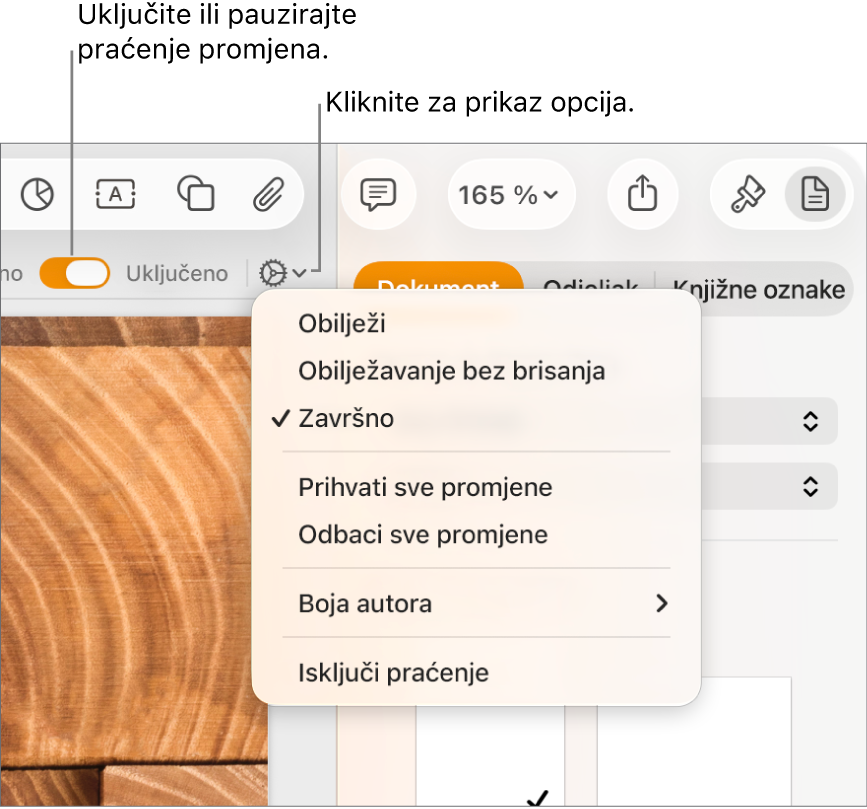 Izbornik za praćenje opcija koji na dnu prikazuje Isključi praćenje, i balončići za tipku Praćenje uključeno i Pauzirano.