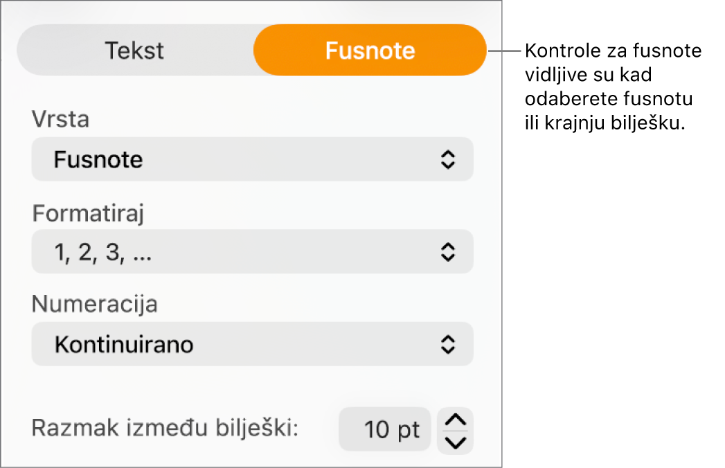 Prozor Fusnote s prikazom skočnih izbornika za stavke Vrsta, Format, Numeriranje i prostorom između bilješki.