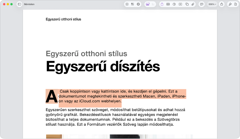 Egy megnyitott dokumentum a sablon kijelölt helyőrző szövegével.