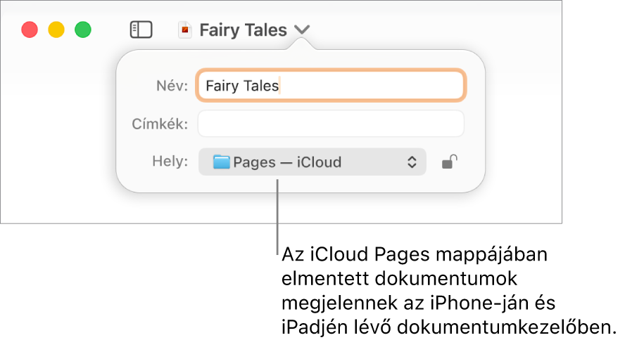 A Mentés párbeszédpanel Pages – iCloud dokumentum esetében a Hely előugró menüben.