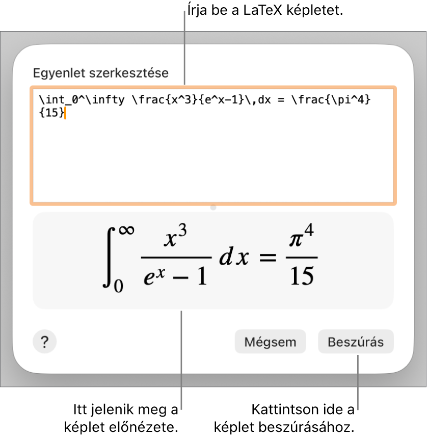 A LaTeX használatával írt másodfokú egyenlet megoldóképlete az Egyenlet mezőben és az egyenlet előnézete alul.