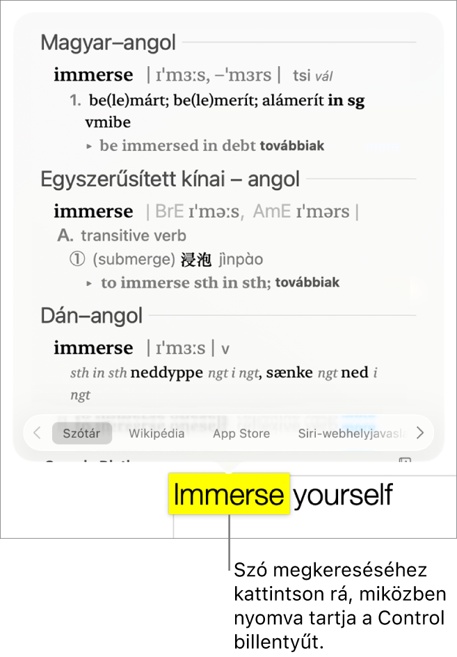 Bekezdés, amelyben egy szó ki van emelve, és egy ablak, amely a definíciót és Wikipédia-bejegyzést jeleníti meg. Az ablak alján található gombok a szótárra, a Wikipédiára és a Siri javasolt webhelyeire mutató hivatkozásokat tartalmazza.