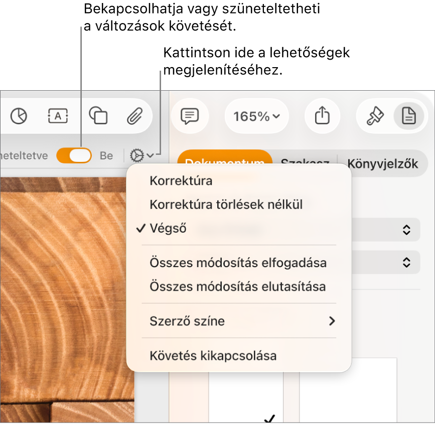 A Változáskövetési beállítások menü alul a Követés kikapcsolása lehetőséggel, valamint a Követés bekapcsolva és a Szüneteltetve gombokat jelölő feliratokkal.