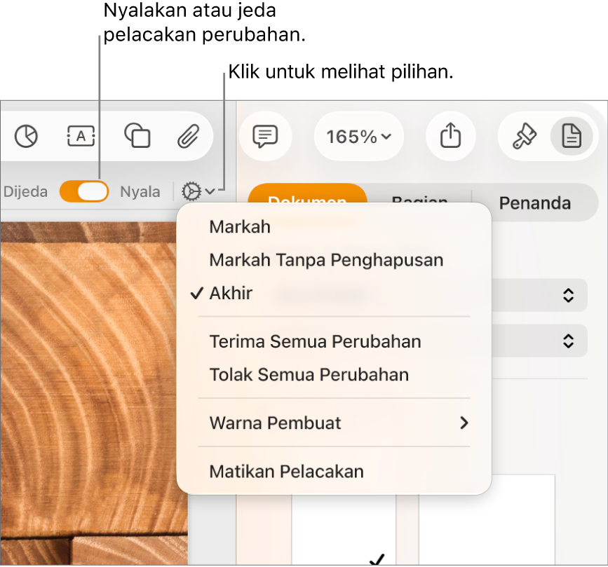 Menu pilihan pelacakan menampilkan Matikan Pelacakan di bagian bawah, dan keterangan pada tombol Pelacakan Menyala dan Jeda.
