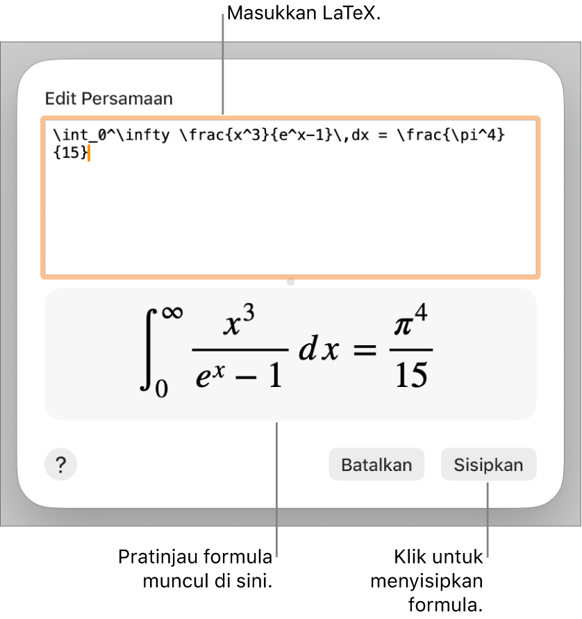 Formula kuadratik yang ditulis menggunakan LaTeX di bidang Persamaan, dan pratinjau formula di bawah ini.