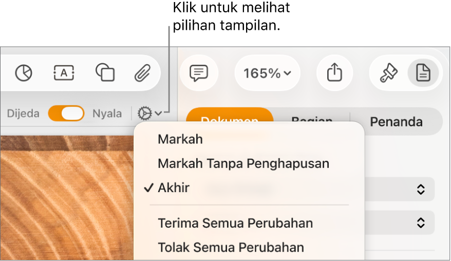 Menu pilihan tinjauan menampilkan Markah, Markah Tanpa Penghapusan, dan Akhir.