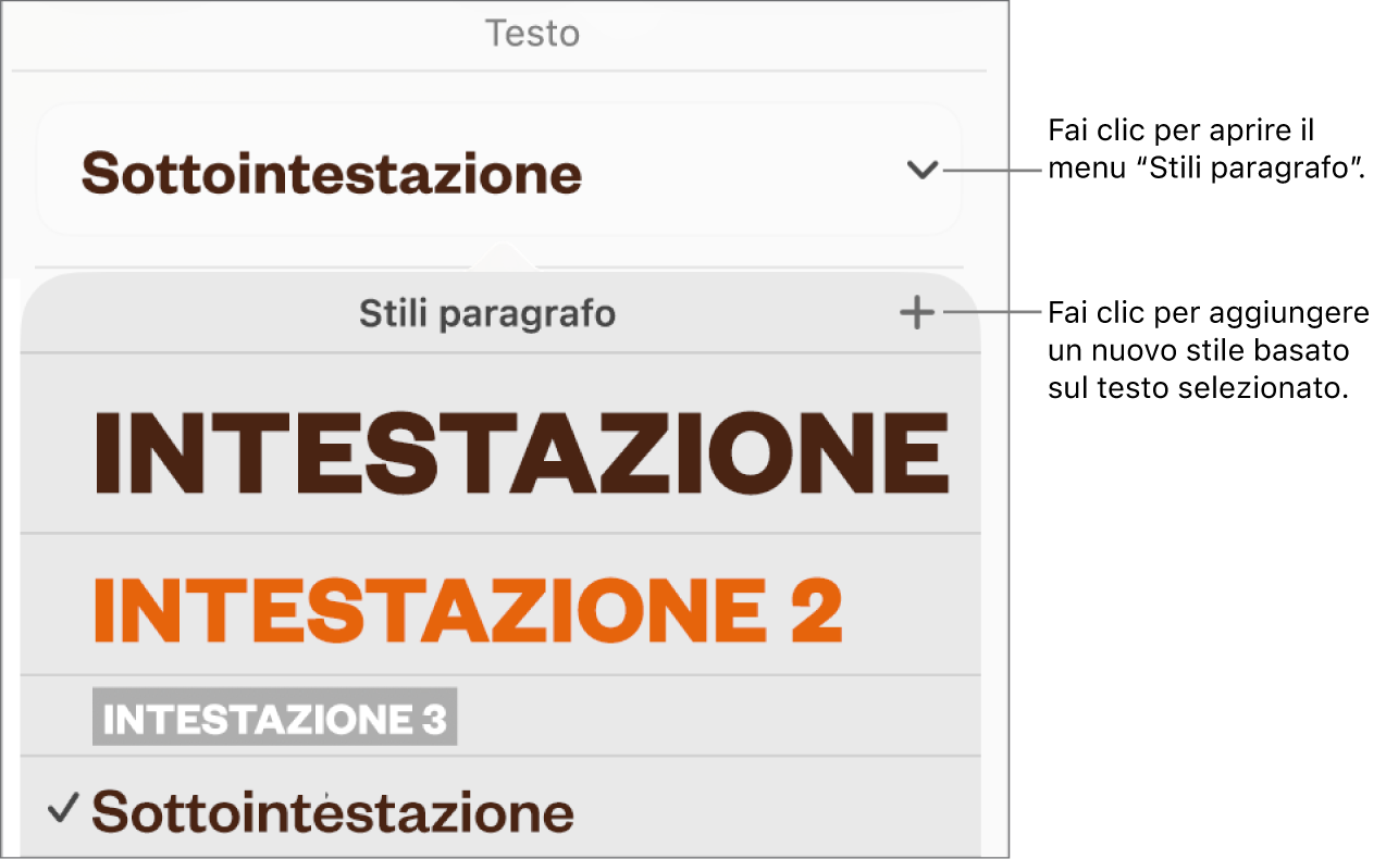 Il menu “Stili Paragrafo”, in cui vengono visualizzati i controlli per aggiungere o modificare uno stile.