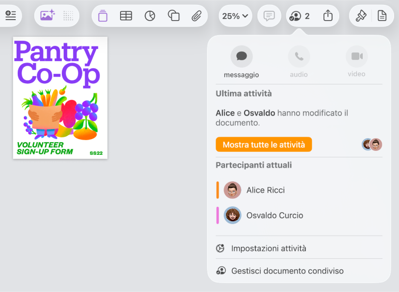 Il menu di collaborazione che mostra i nomi delle persone che stanno collaborando al documento.