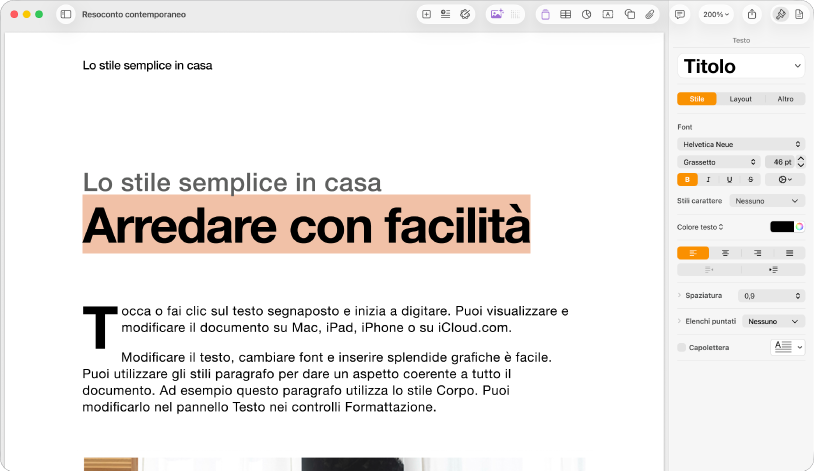 Documento aperto con la barra laterale formattazione aperta e il pannello testo selezionato.