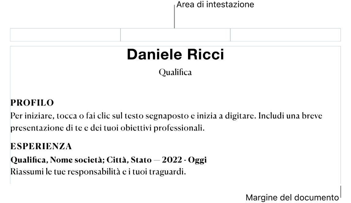 Vista layout che mostra l’area di intestazione e i margini del documento.