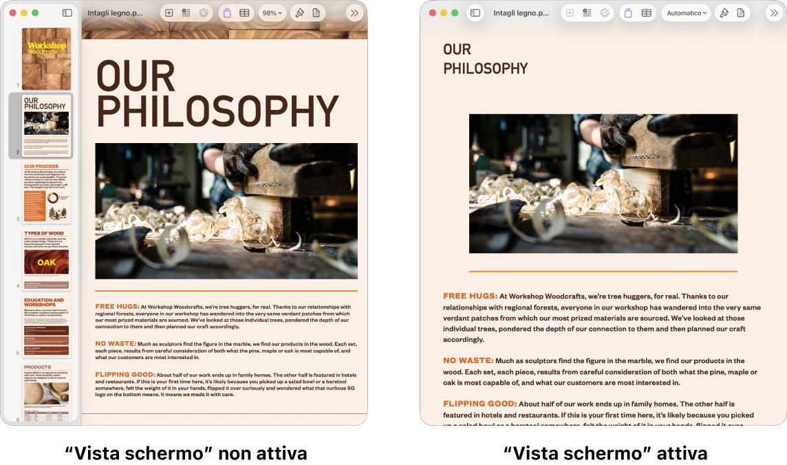 Due viste dello stesso documento di Pages, una con “Vista schermo” attiva e una con “Vista schermo” disattivata. Nella versione con l’opzione “Vista schermo” attiva, la dimensione del testo viene regolata sullo schermo, mentre le interruzioni di pagina e le intestazioni sono nascoste.