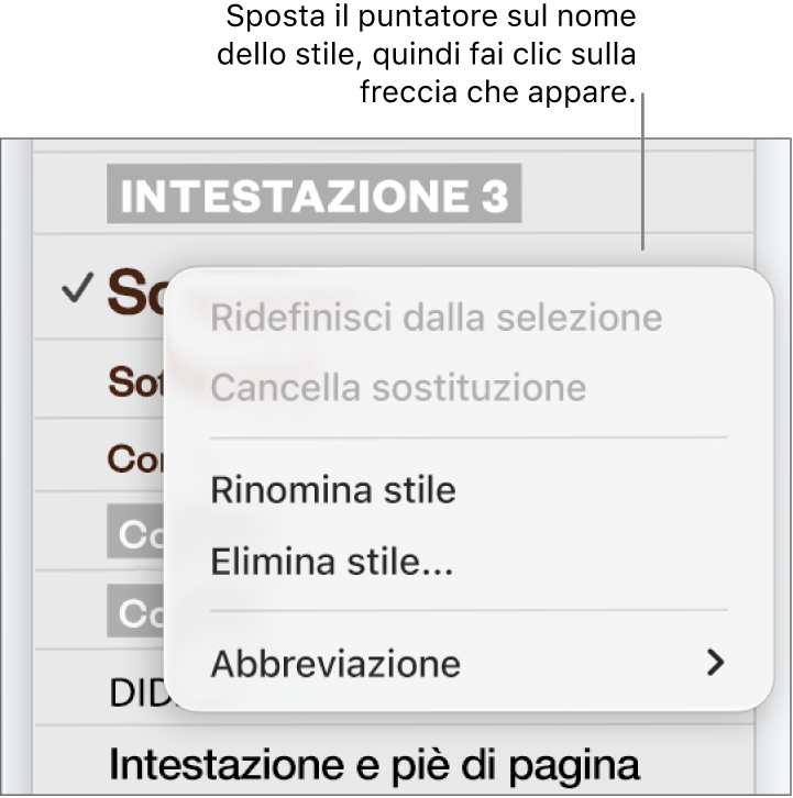 Il menu “Stili Paragrafo” con il menu di scelta rapida aperto.