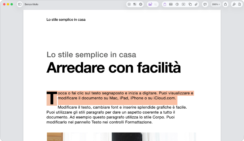 In un documento aperto con il testo segnaposto del modello selezionato.