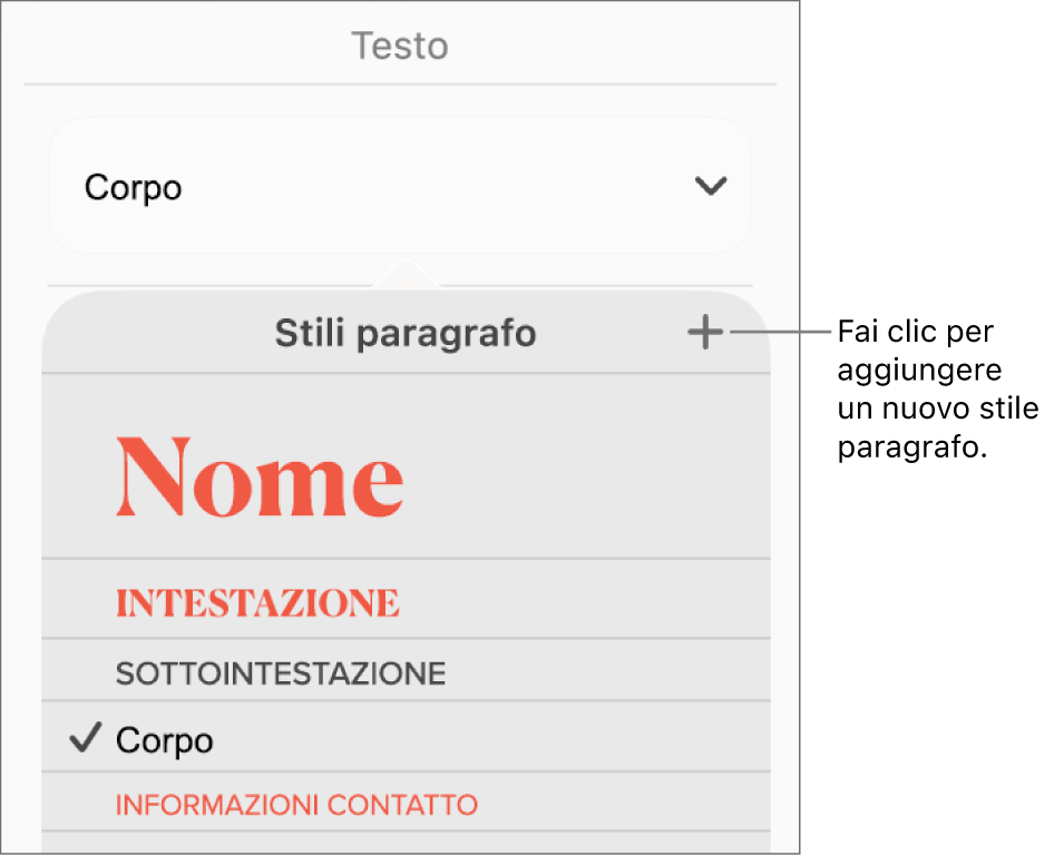 Il menu “Stili paragrafo” con una didascalia del pulsante “Nuovo stile”.