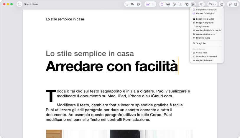 Documento aperto con il menu Aggiungi media aperto.