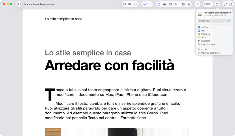 Documento aperto con il menu dii condivisione aperto.