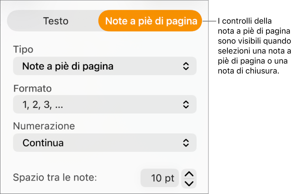 Pannello “Note a piè di pagina” con i menu a comparsa Tipo, Formato, Numerazione e “Spazio tra le note”.