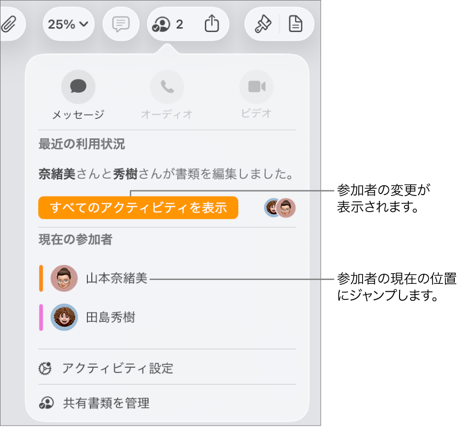 「共同作業」メニュー。現在の参加者が2人表示されています。