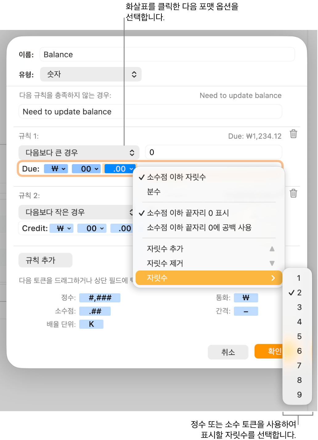 사용자 설정 포맷 옵션 선택을 위한 제어기가 있는 사용자 설정 셀 포맷 윈도우.