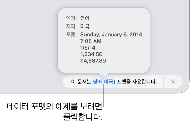 해당 언어 및 지역 포맷의 예제가 표시된 다른 언어 및 지역 설정 알림입니다.