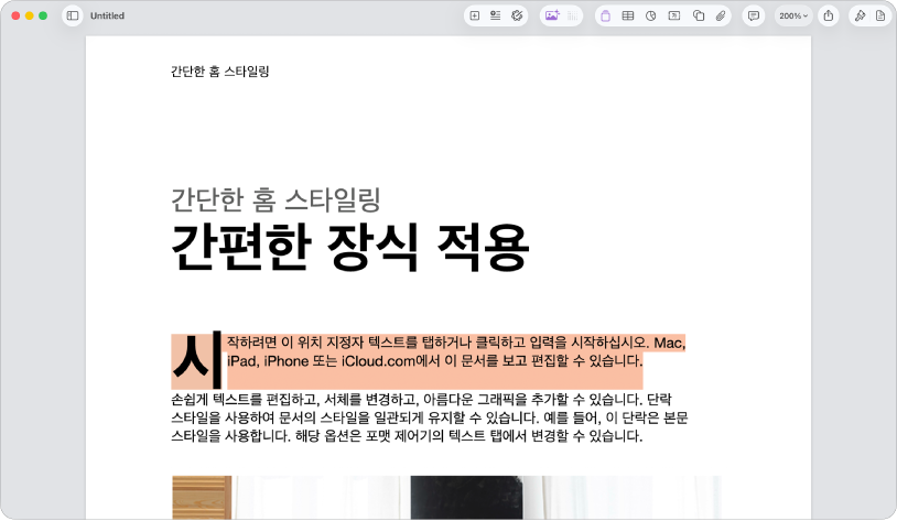 템플릿 위치 지정자 텍스트가 선택된 열린 문서.