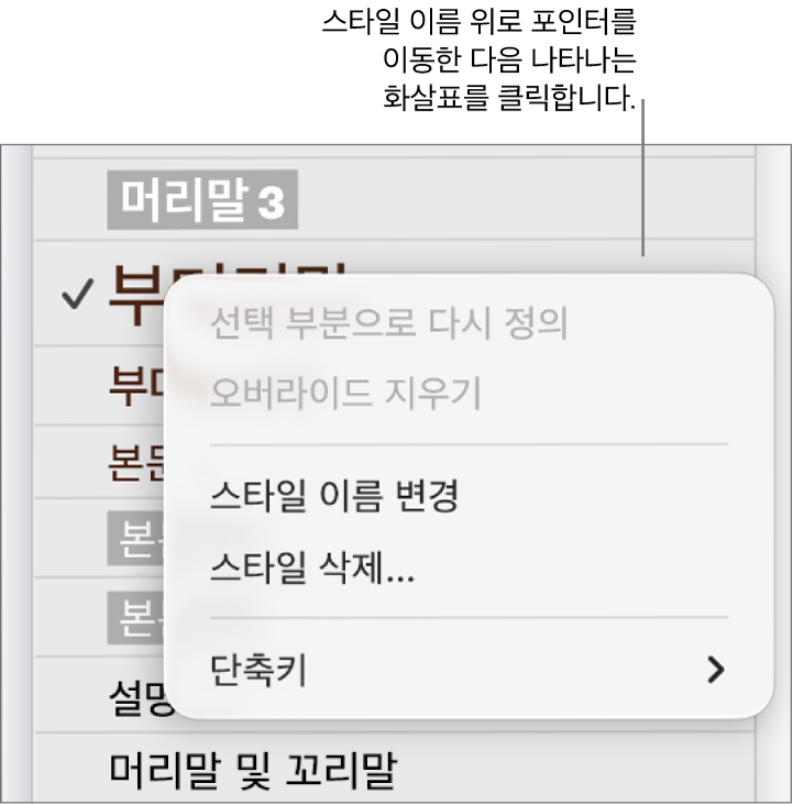 단축 메뉴가 열려 있는 단락 스타일 메뉴.