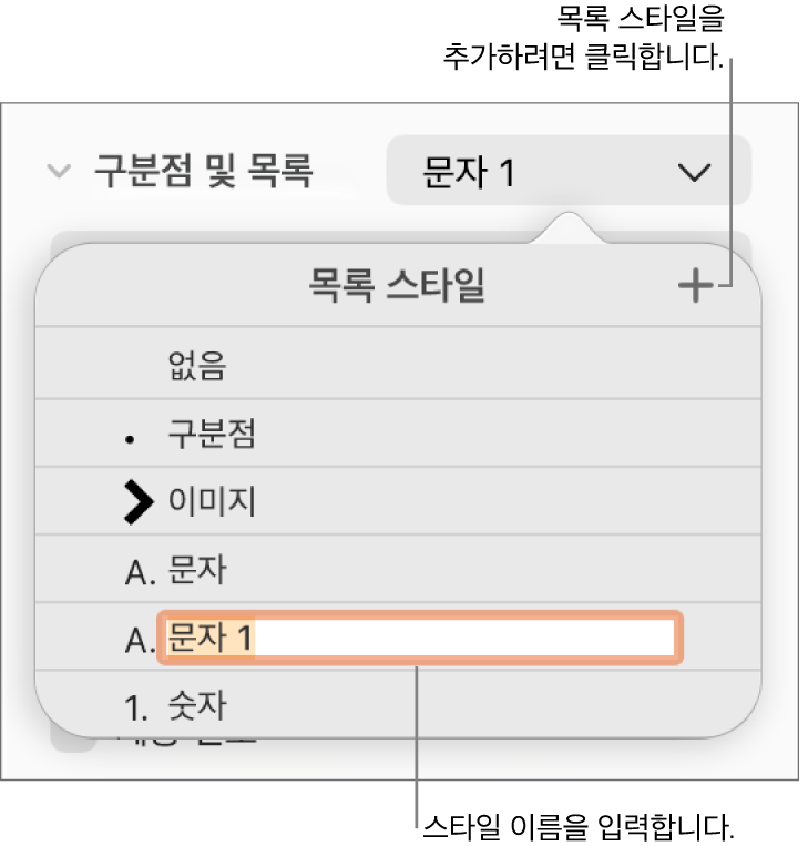 오른쪽 상단 모서리에 추가 버튼이 있는 목록 스타일 팝업 메뉴와 텍스트가 선택된 위치 지정자 스타일 이름.