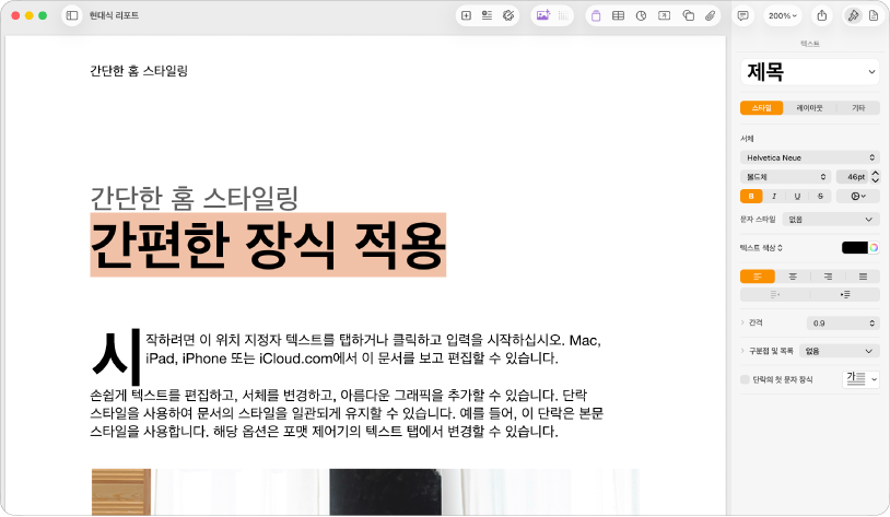 포맷 사이드바가 열려 있고 텍스트 탭이 선택된 열린 문서.
