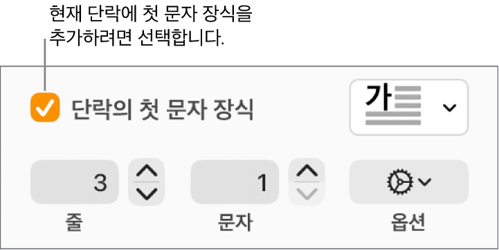 ‘단락의 첫 문자 장식’ 체크상자가 선택되어 있고 그 오른쪽에 팝업 메뉴가 나타남. 그 아래에는 줄 높이, 문자 수 및 기타 옵션을 설정하는 제어기가 있음.
