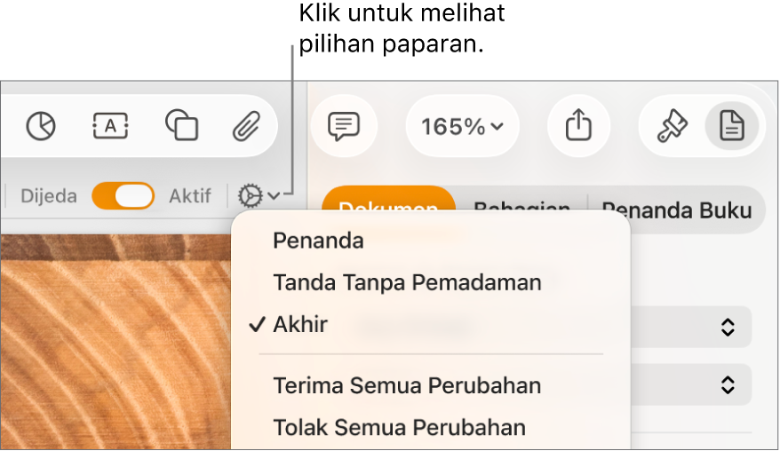 Menu pilihan semakan menunjukkan Penanda, Penanda Tanpa Pemadaman dan Akhir.