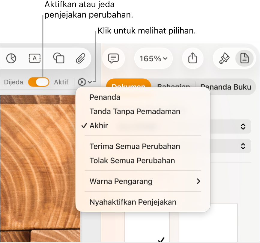 Menu pilihan penjejakan yang menunjukkan Nyahaktifkan Penjejakan di bahagian bawah dan petak bual ke butang Penjejakan Aktif dan Dijeda.