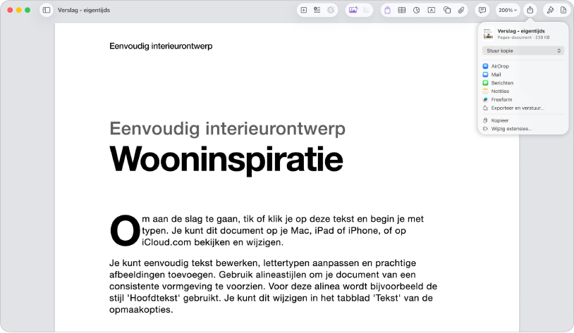 Een geopend document waarin het Deel-menu geopend is.