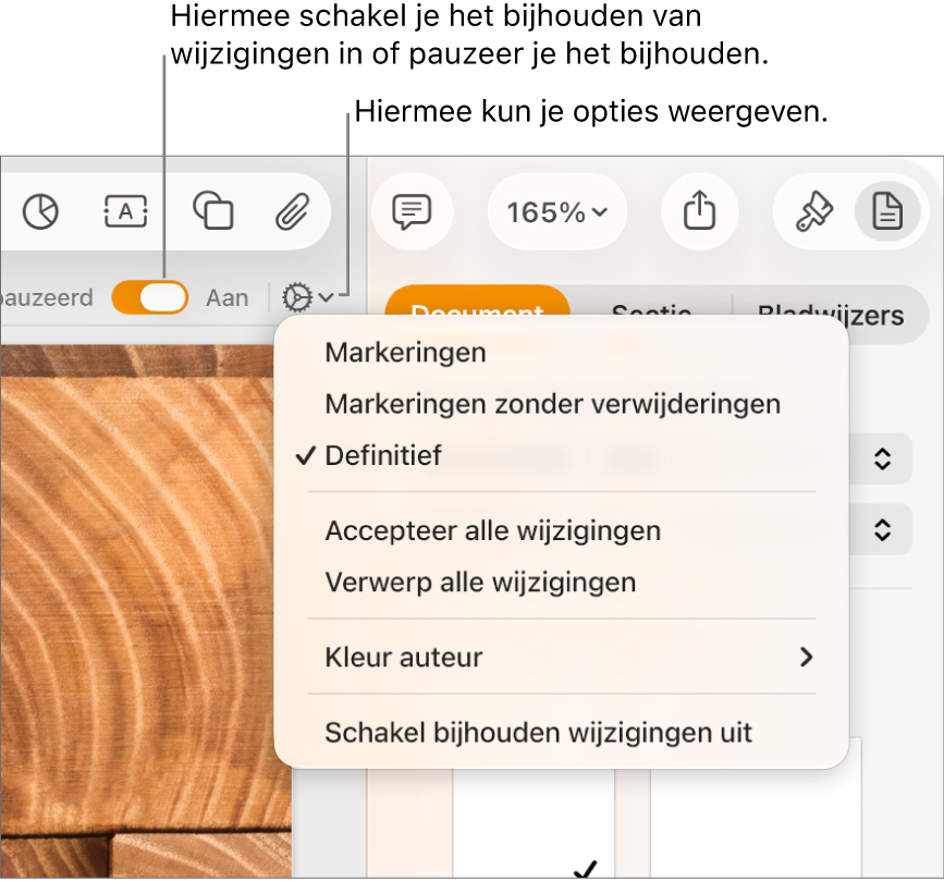 Het menu om wijzigingen bij te houden met optie 'Schakel bijhouden wijzigingen uit' onderin en met uitleg bij de knoppen 'Aan' en 'Gepauzeerd'.