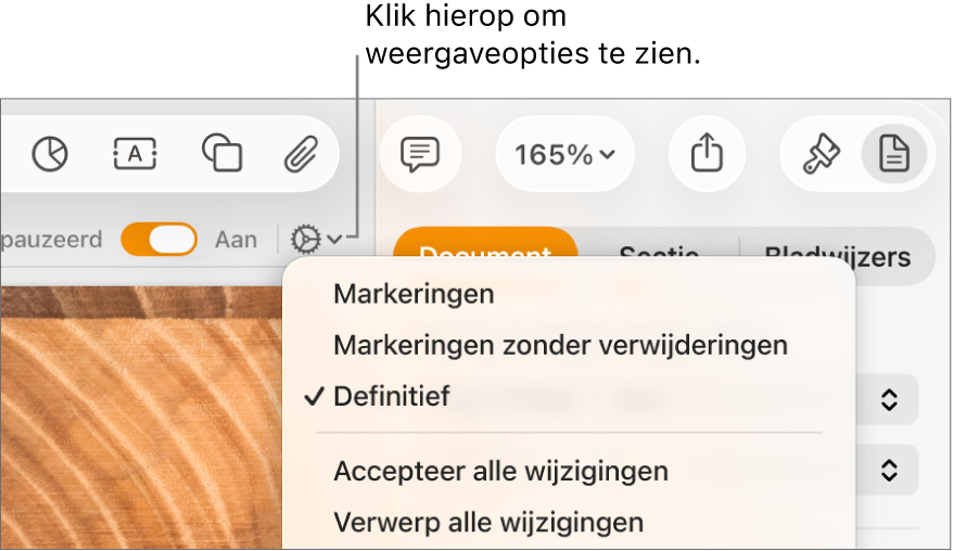 Het menu met controlefuncties, met de opties 'Markeringen', 'Markeringen zonder verwijderingen' en 'Definitief''.