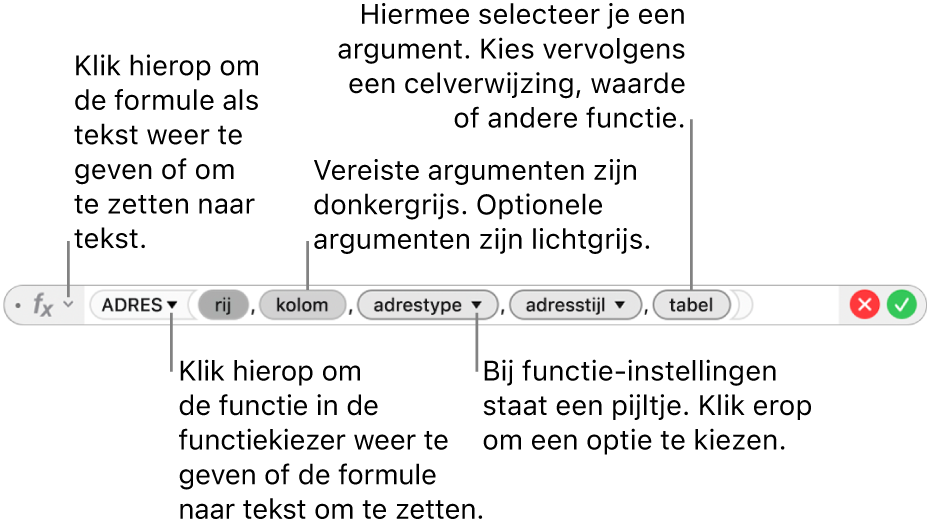 De formule-editor met de ADRES-functie en de bijbehorende argumenttokens.