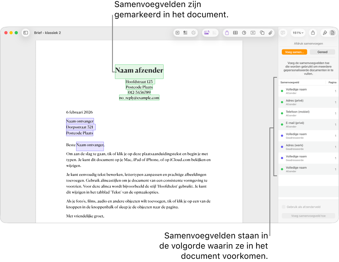 Pages-document met samenvoegvelden voor geadresseerde en afzender. In de navigatiekolom 'Document' wordt de lijst met alle gebruikte samenvoegvelden weergegeven.
