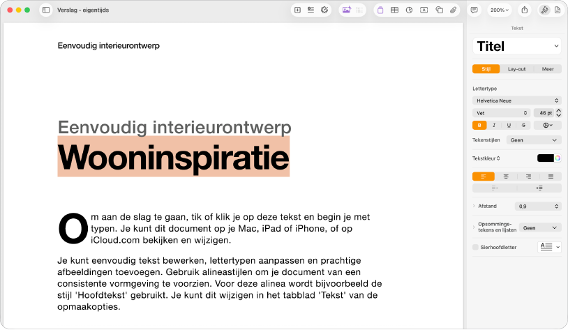 Een geopend document waarin de navigatiekolom 'Opmaak' is geopend en het tabblad 'Tekst' is geselecteerd.