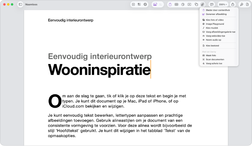 Een geopend document waarin het menu 'Voeg media toe' geopend is.