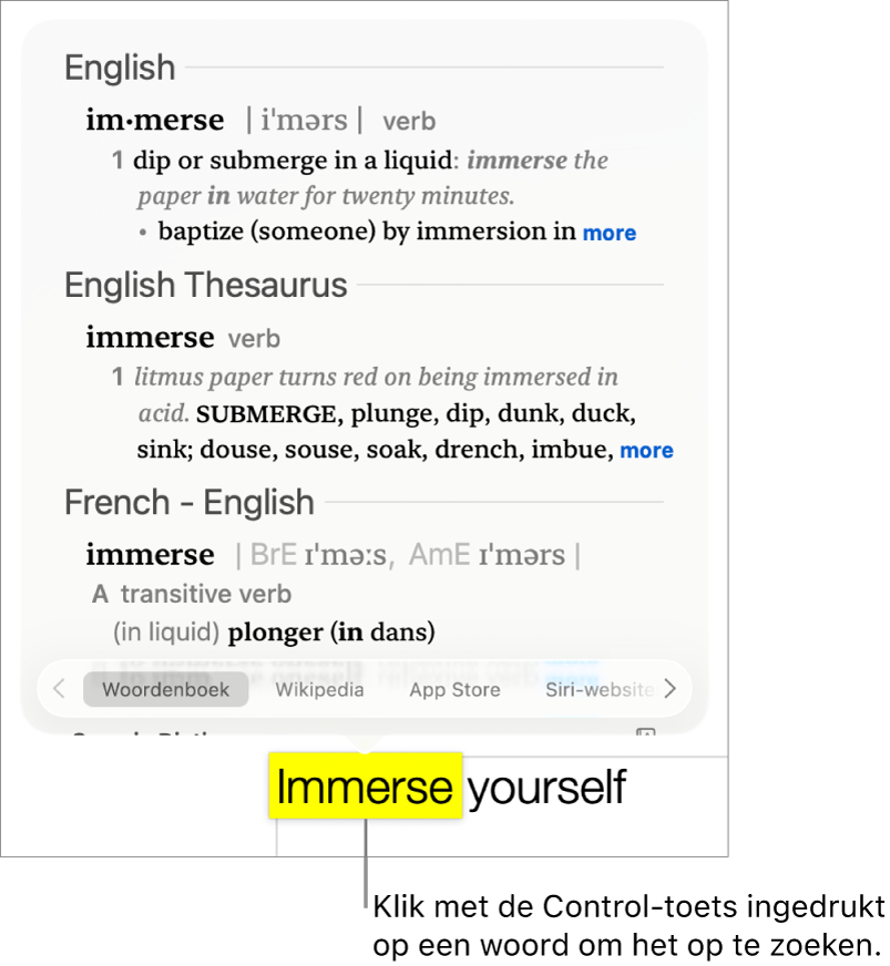 Een alinea met een gemarkeerd woord en een venster met daarin de definitie en een thesaurus-lemma van dat woord. Onder in het venster staan knoppen voor het woordenboek, Wikipedia en Siri-websitesuggesties.