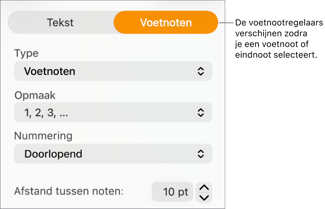 Het paneel 'Voetnoten' met pop‑upmenu's voor type, opmaak, nummering en ruimte tussen voetnoten.